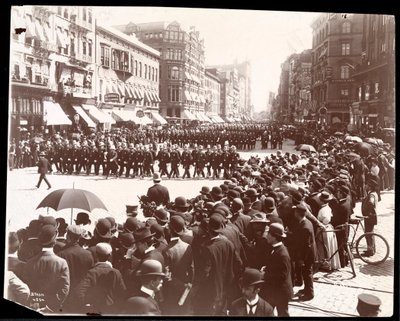 View of police marching in a New York City Police parade, New York by Byron Company